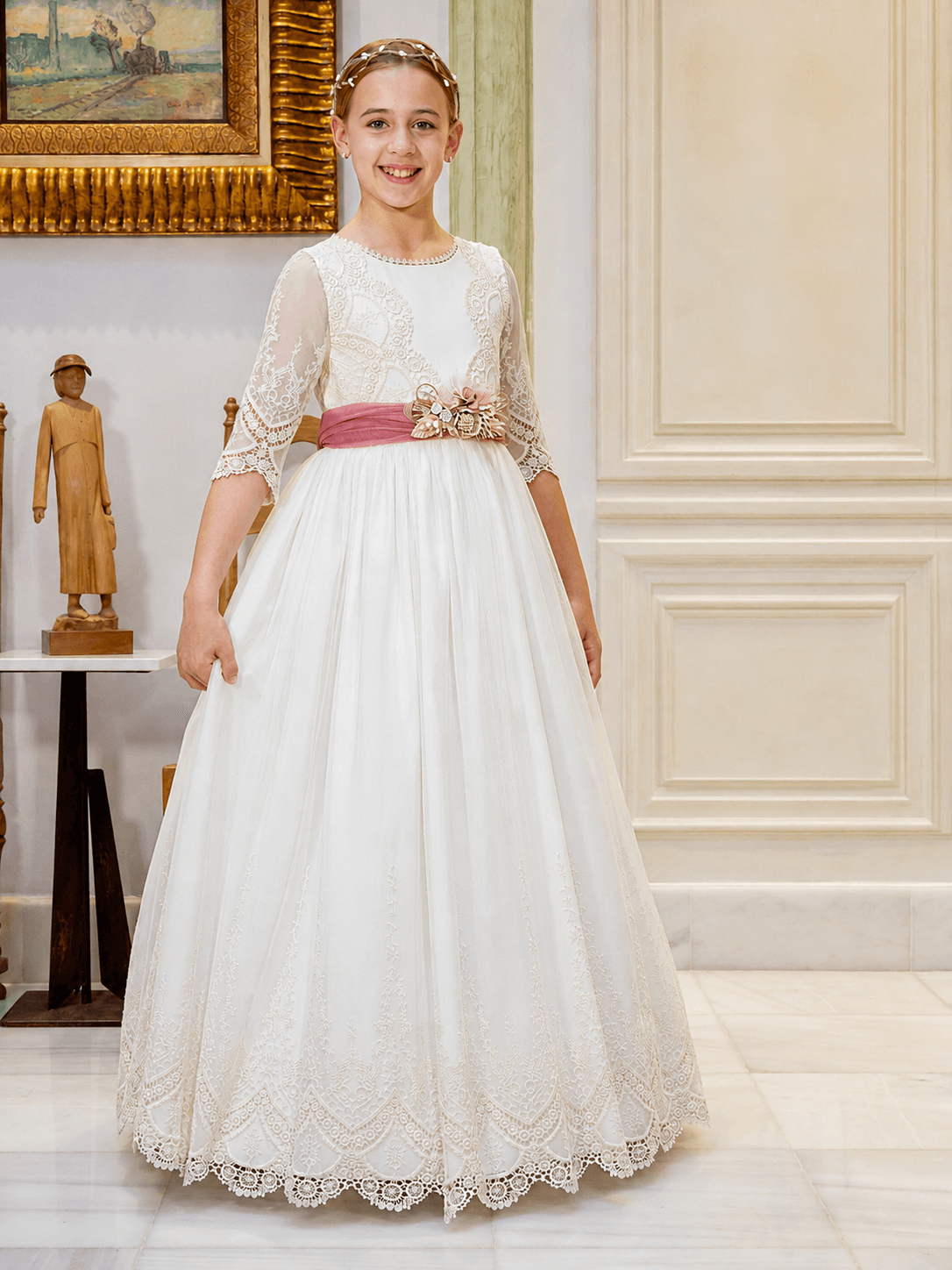 Vestido de comunión de tul con encaje ondulado 6879