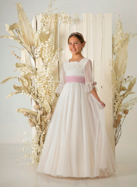 Vestido de comunión de tul bordado topos A867